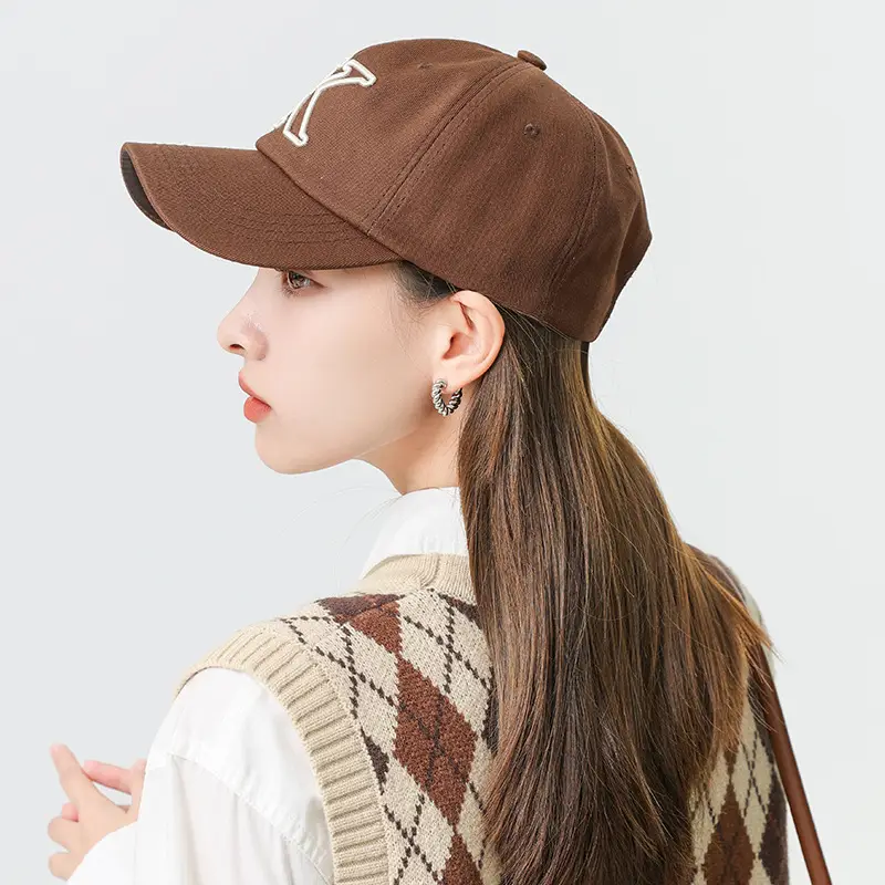 Brown Korean Embroidered Baseball Cap for Men Women
