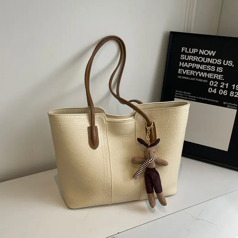 Women's Black Leather Shoulder Bag with Wooden Charm - Image 6