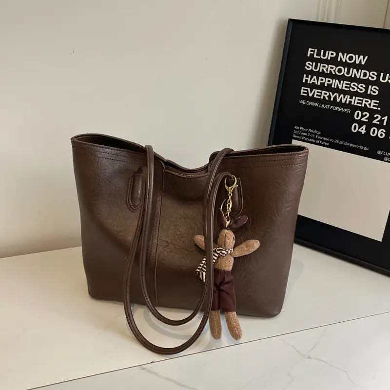 Women's Black Leather Shoulder Bag with Wooden Charm - Image 7