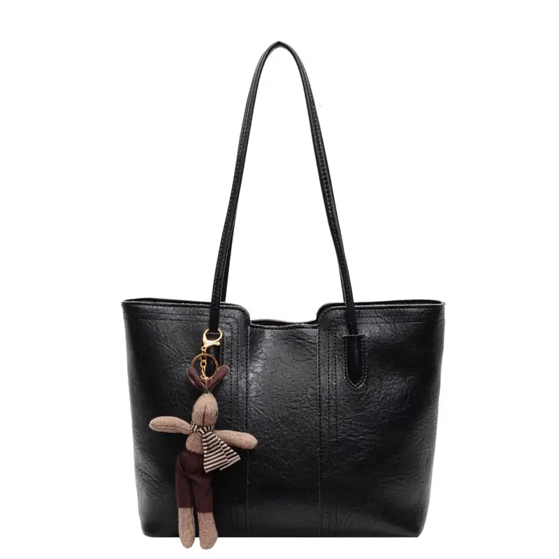 Women's Black Leather Shoulder Bag with Wooden Charm - Image 2