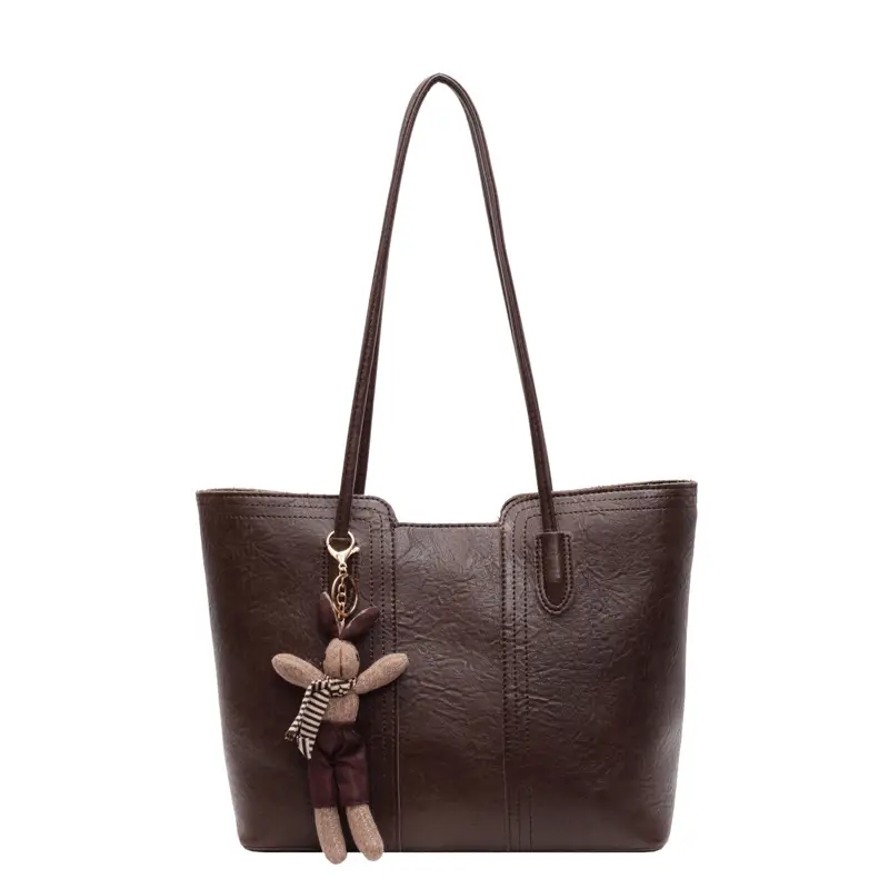 Women's Black Leather Shoulder Bag with Wooden Charm - Image 3