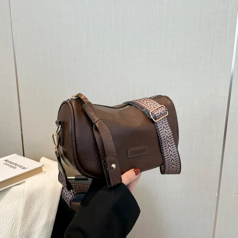 Black French Style Crossbody Bag with Textured Strap