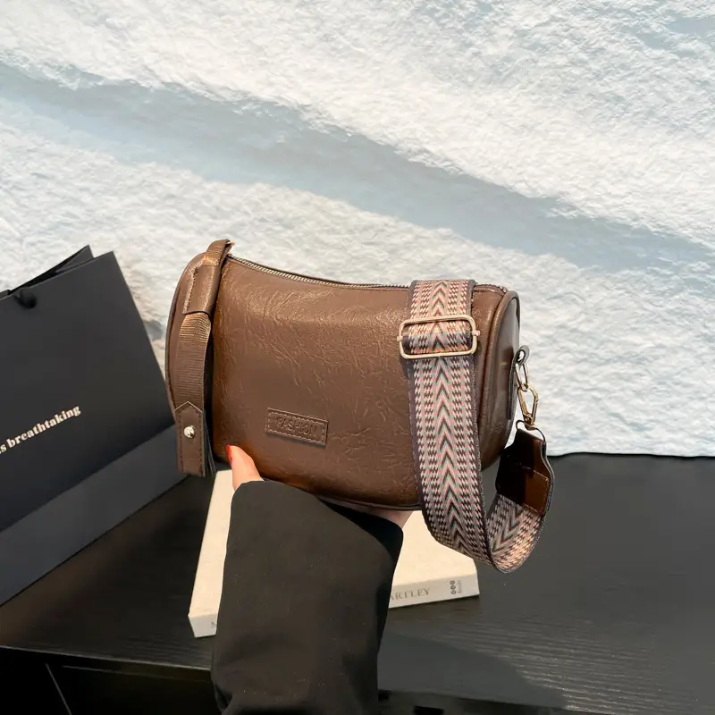 Black French Style Crossbody Bag with Textured Strap