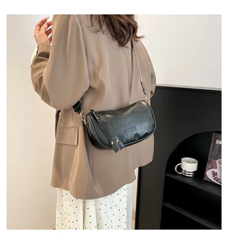 Black French Style Crossbody Bag with Textured Strap — feature 14