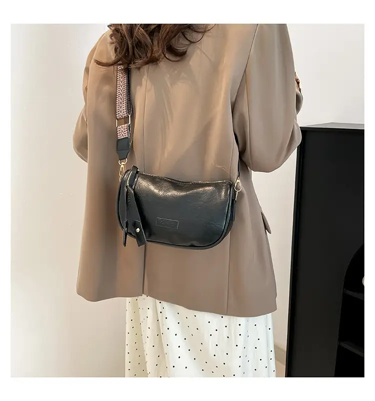 Black French Style Crossbody Bag with Textured Strap — feature 15