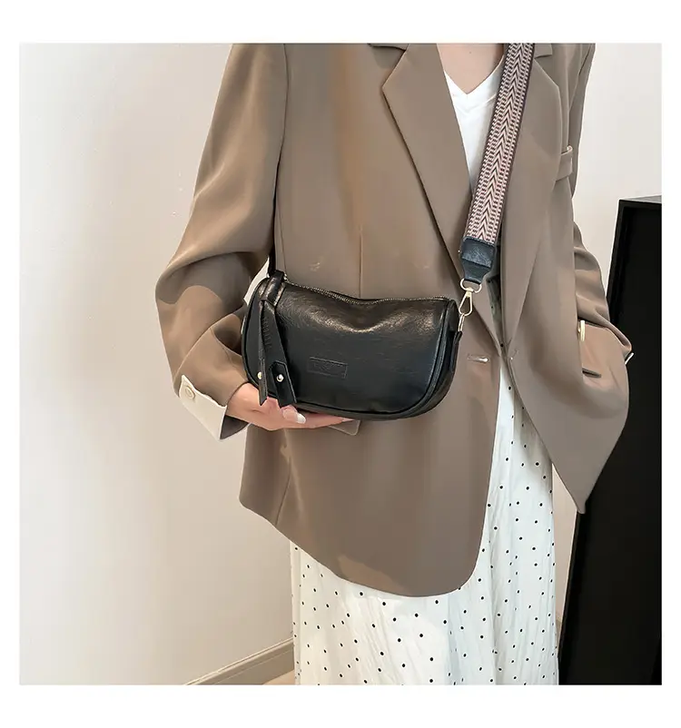 Black French Style Crossbody Bag with Textured Strap — feature 16