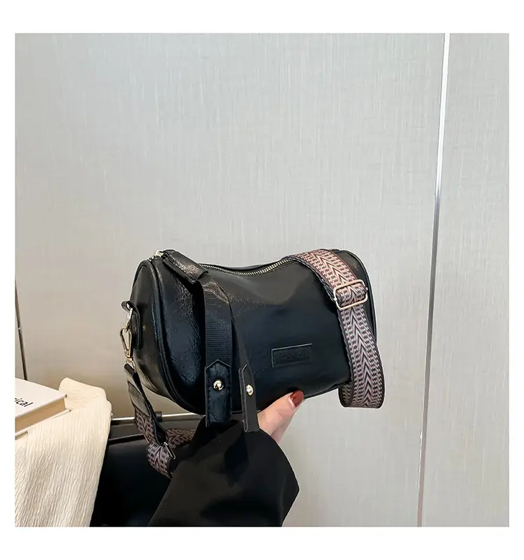 Black French Style Crossbody Bag with Textured Strap — feature 25