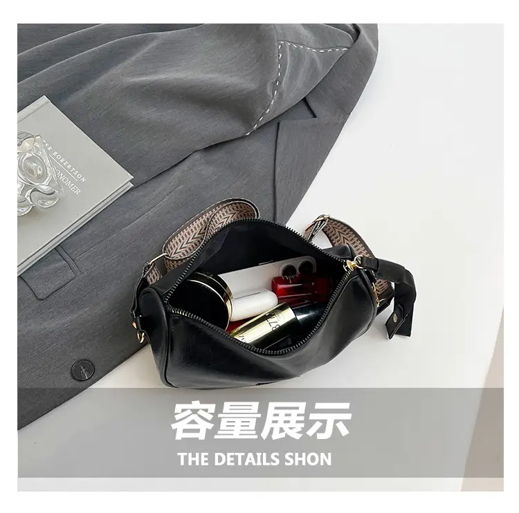 Black French Style Crossbody Bag with Textured Strap — feature 6