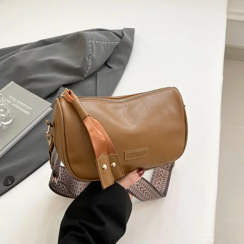 Black French Style Crossbody Bag with Textured Strap