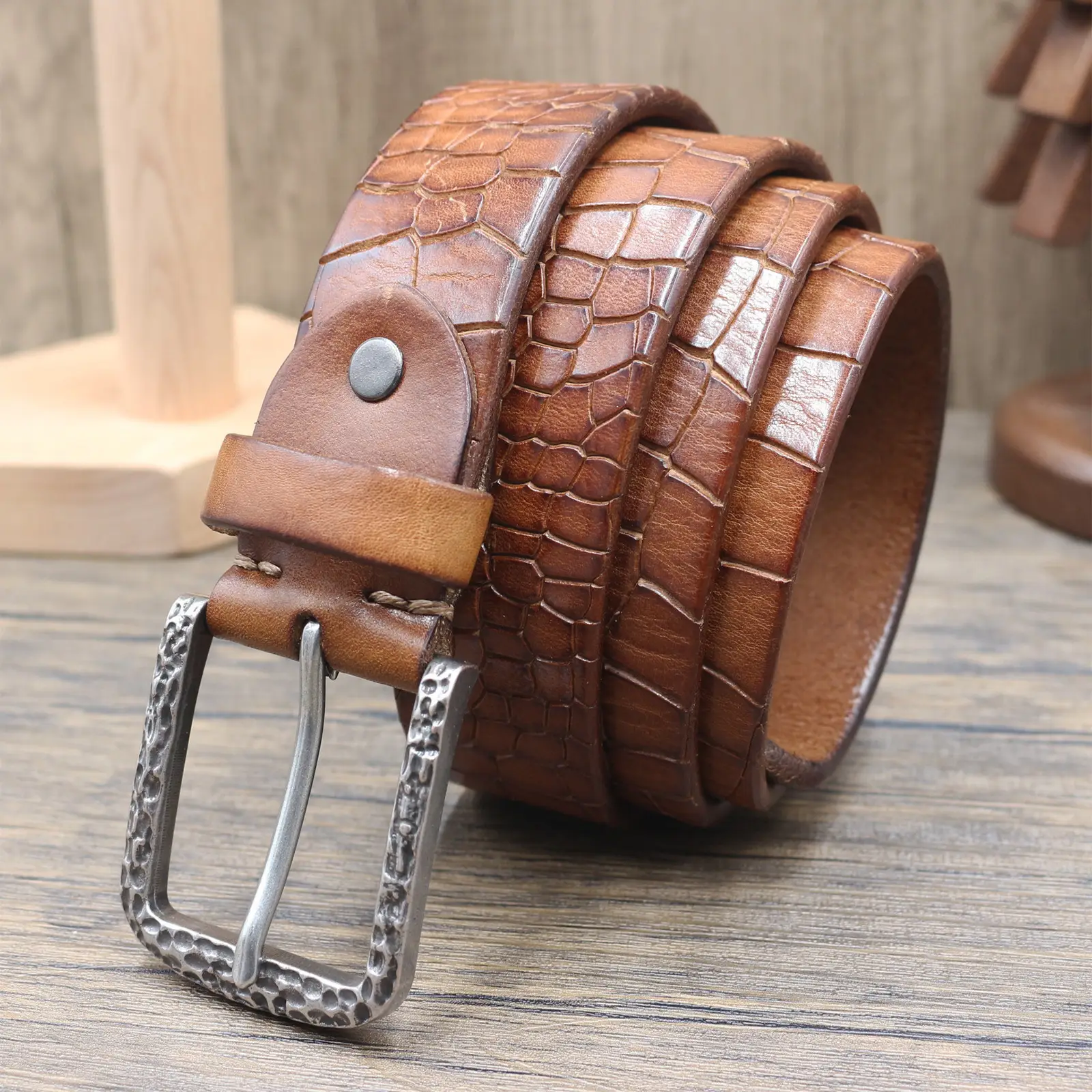 Vintage Croc Belt for Men Genuine Leather Pin Buckle - Image 3