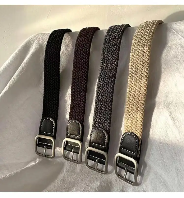 Elastic Tight Trousers Canvas Braided Belt Women's Men's and Women's Korean-style All-match Casual Pin Buckle Belt Female Student — feature 9
