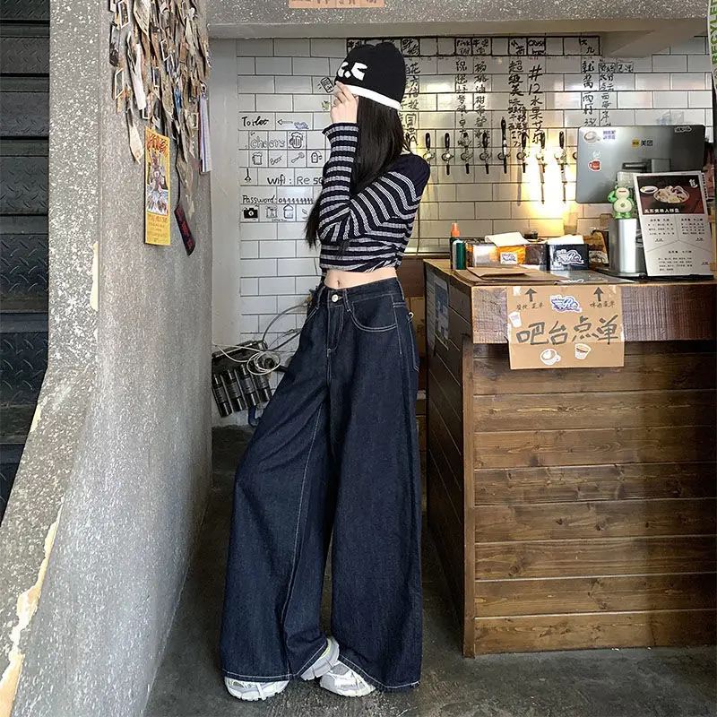 Dark Blue Wide Leg Jeans Niche Ins Style 2025 Spring