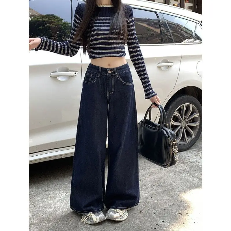 Dark Blue Wide Leg Jeans Niche Ins Style 2025 Spring