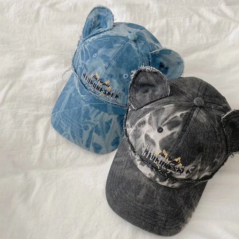 Kids Bear Ears Denim Caps Blue Black Hip Hop Style - Image 3