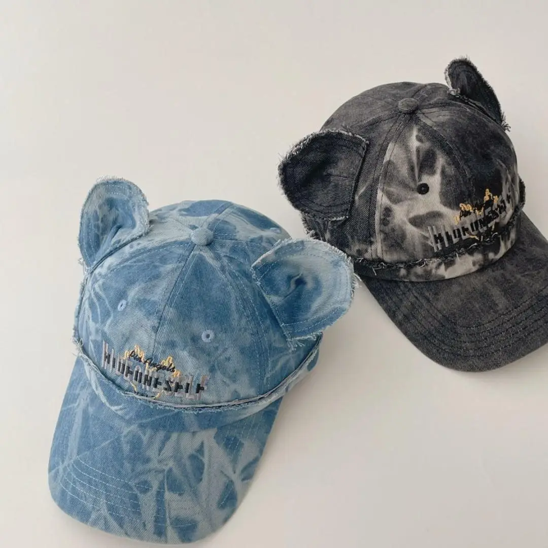 Kids Bear Ears Denim Caps Blue Black Hip Hop Style - Image 5