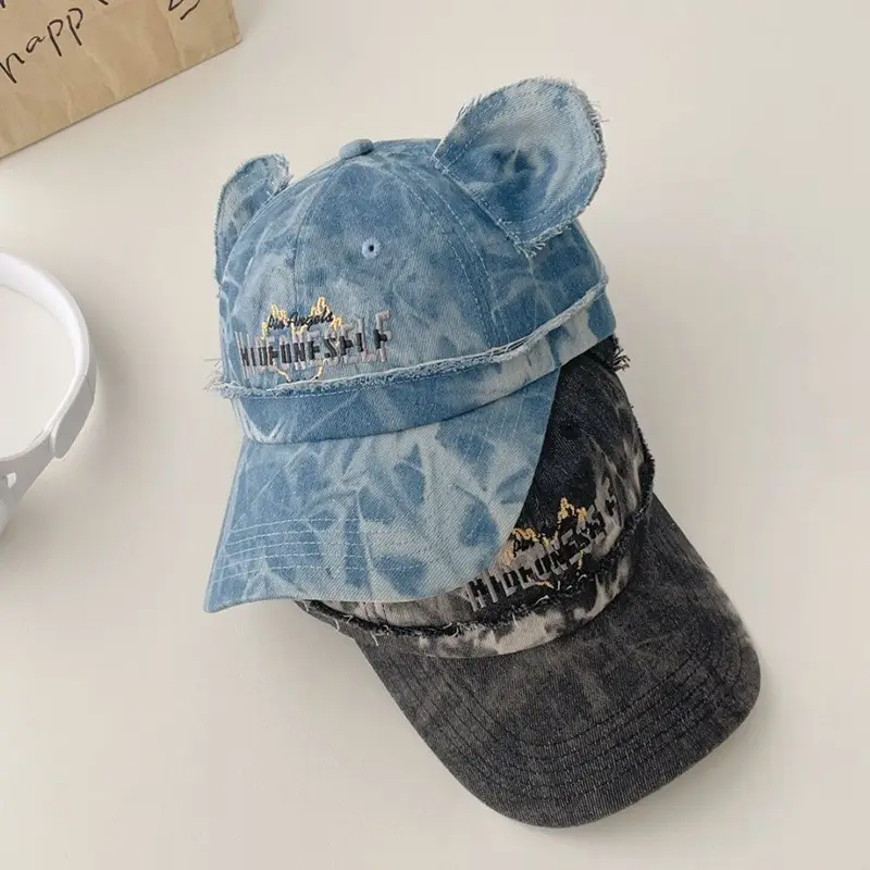 Kids Bear Ears Denim Caps Blue Black Hip Hop Style - Image 6