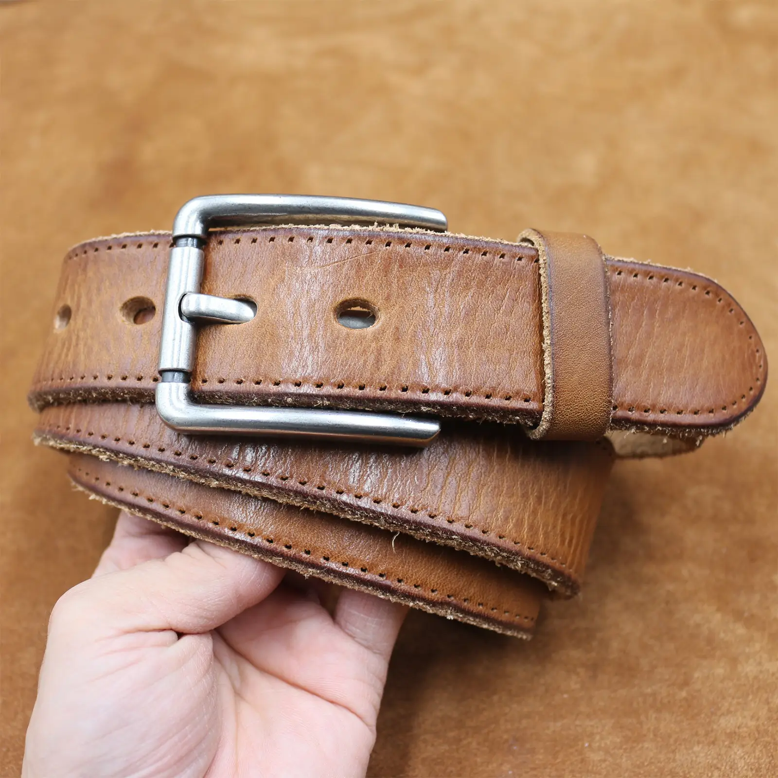 Men's Thick Leather Belt with Needle Buckle Brown