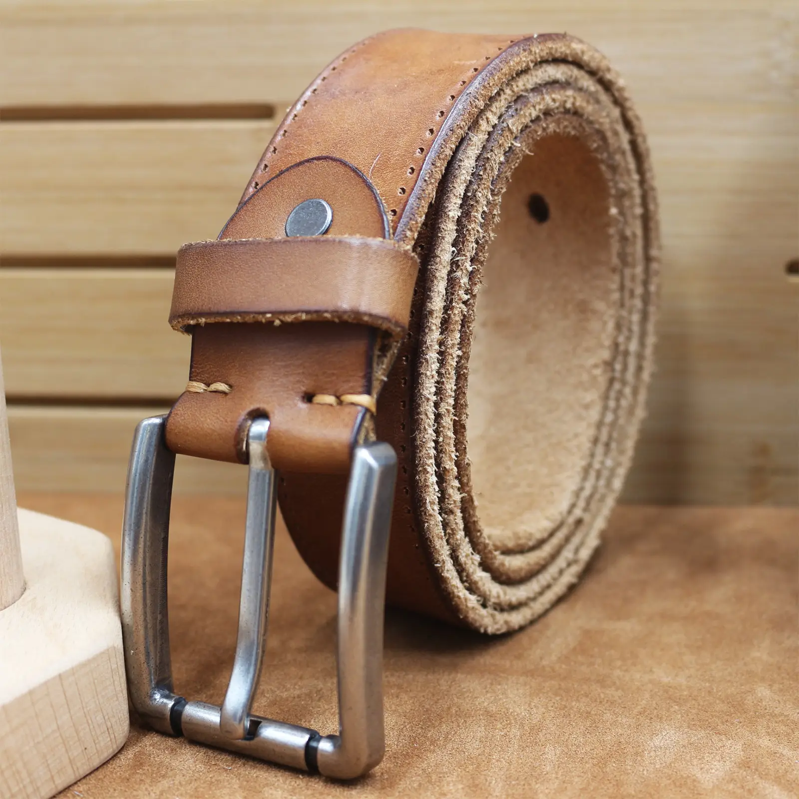 Men's Thick Leather Belt with Needle Buckle Brown — feature 10