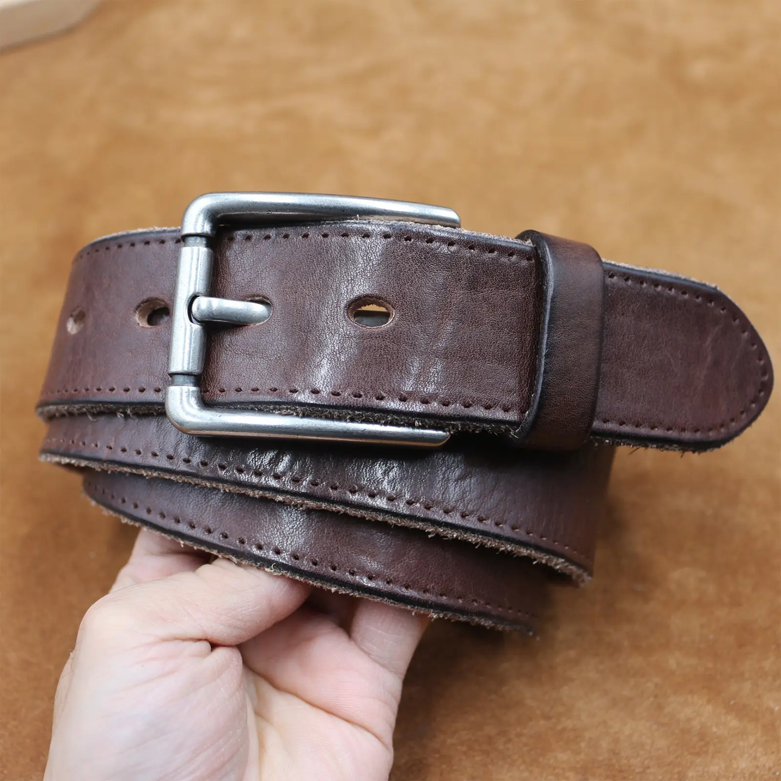 Men's Thick Leather Belt with Needle Buckle Brown — feature 21