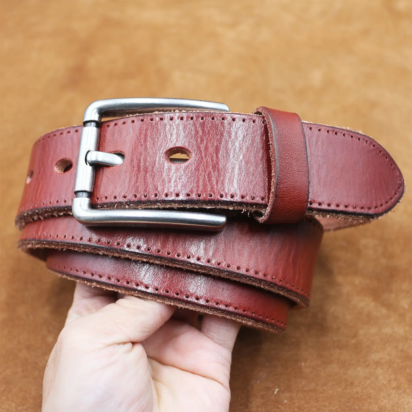Men's Thick Leather Belt with Needle Buckle Brown — feature 26