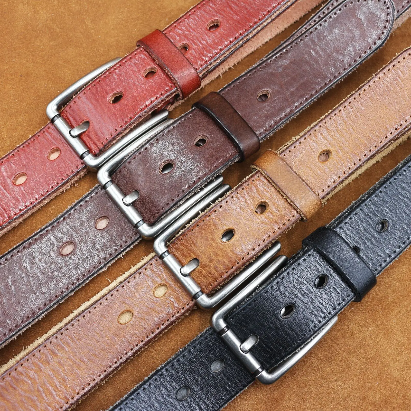 Men's Thick Leather Belt with Needle Buckle Brown — feature 3