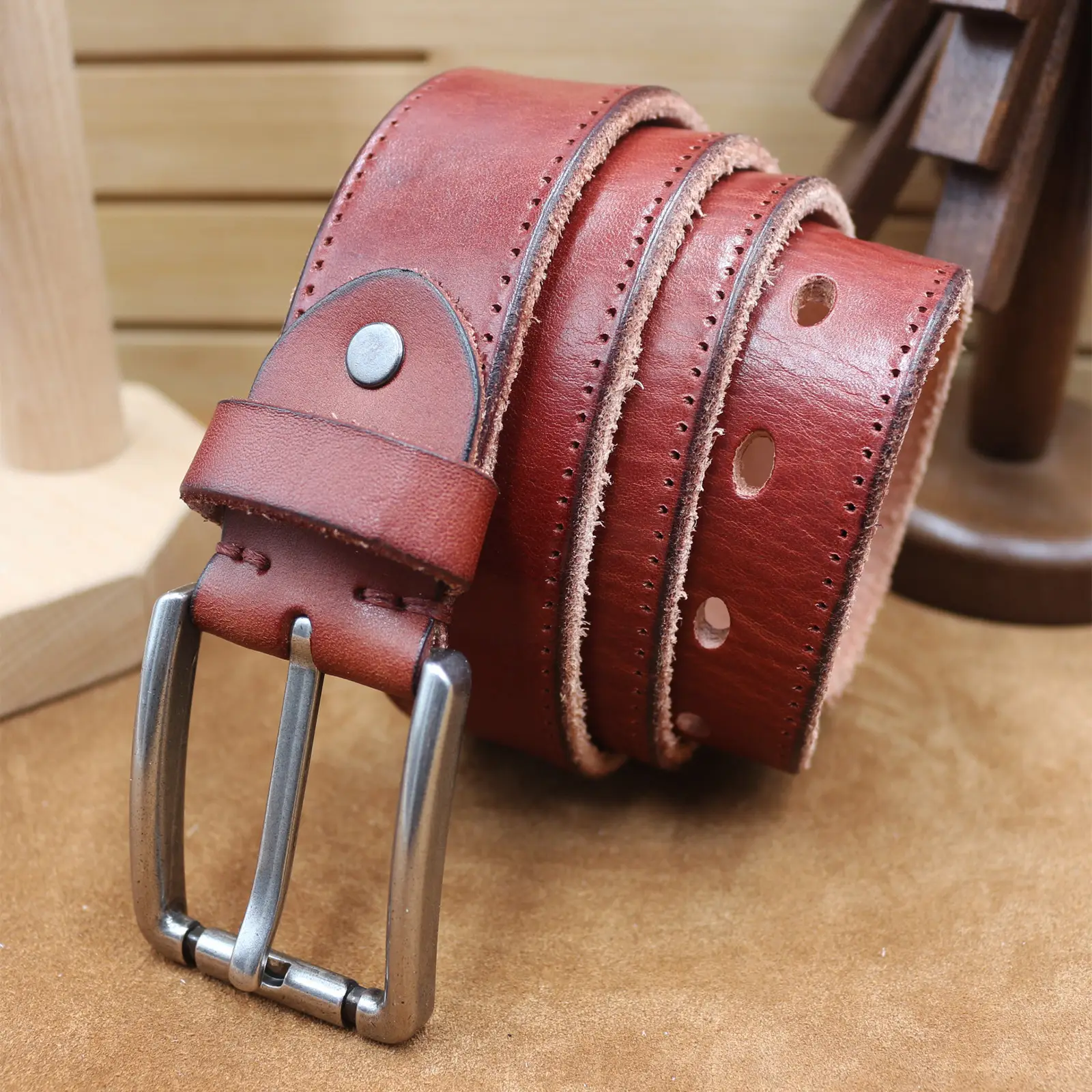 Men's Thick Leather Belt with Needle Buckle Brown