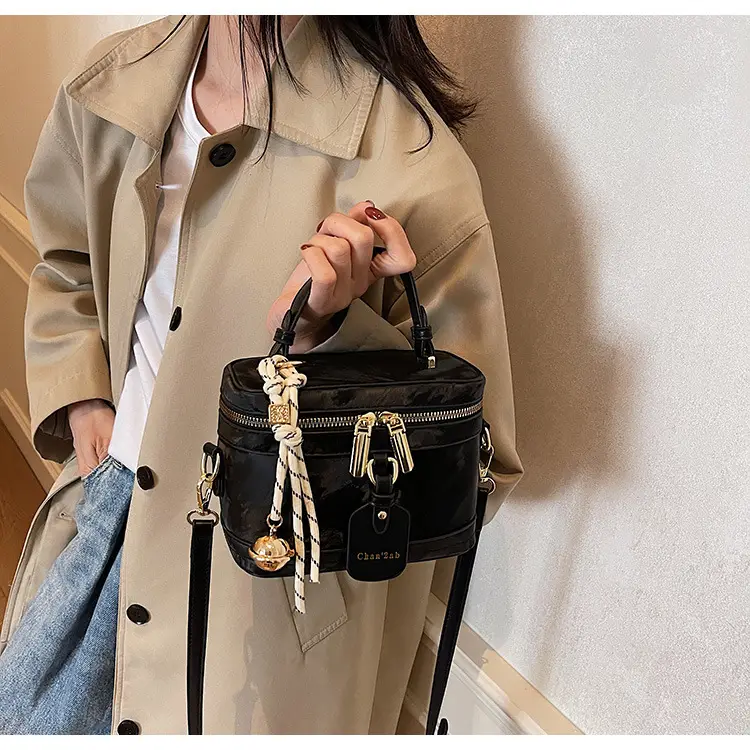 Women's Black Leather Box Bag with Chain Strap & Gold Plated Hardware — feature 23