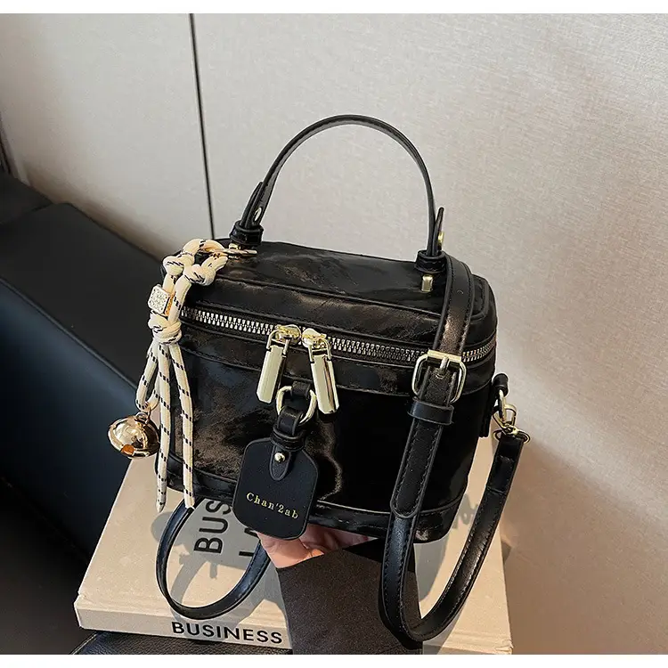 Women's Black Leather Box Bag with Chain Strap & Gold Plated Hardware — feature 34