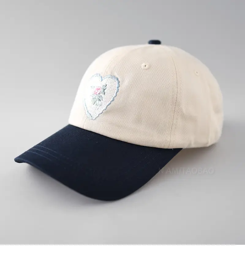 Women's Korean-style Embroidered Baseball Cap Beige Navy - Image 3