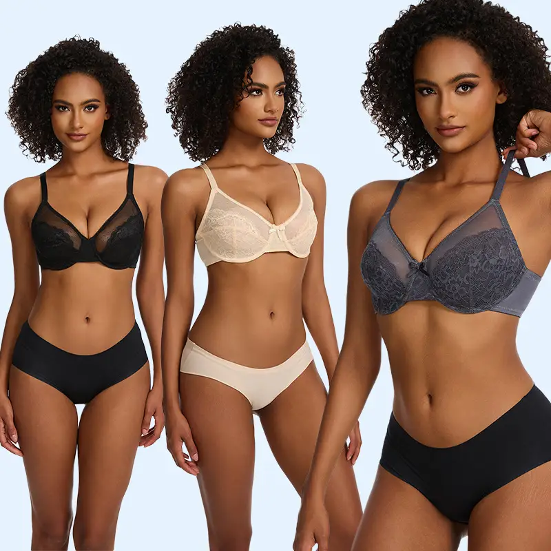 Black Lace Push-Up Underwear Women's Comfortable Mesh