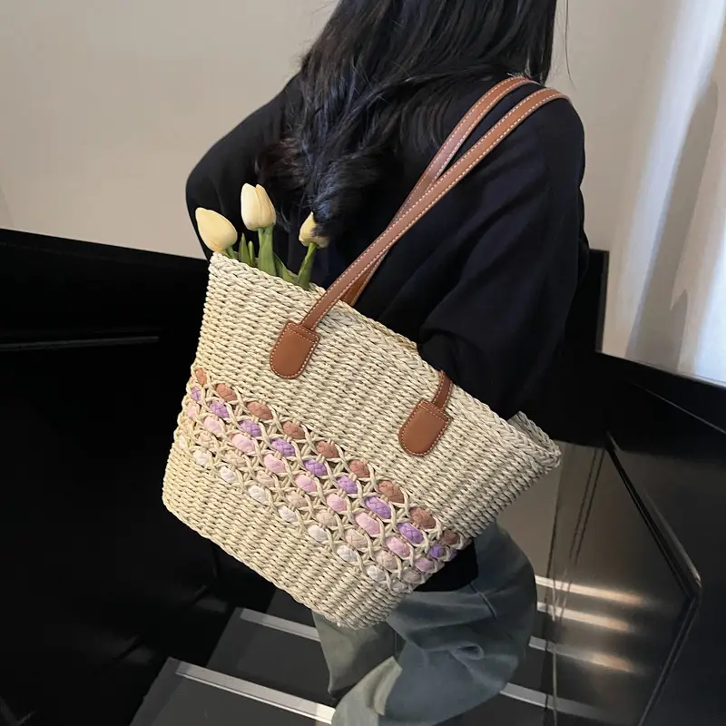 French Style Straw Bag with Embroidered Flowers
