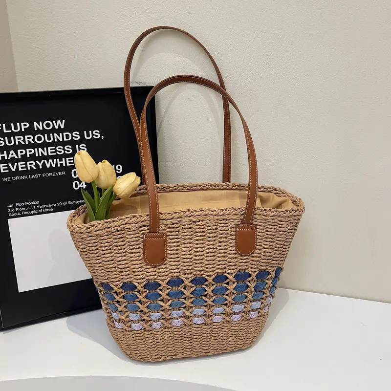 French Style Straw Bag with Embroidered Flowers