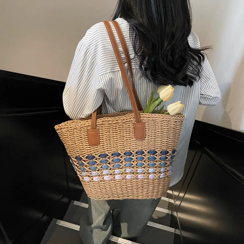 French Style Straw Bag with Embroidered Flowers