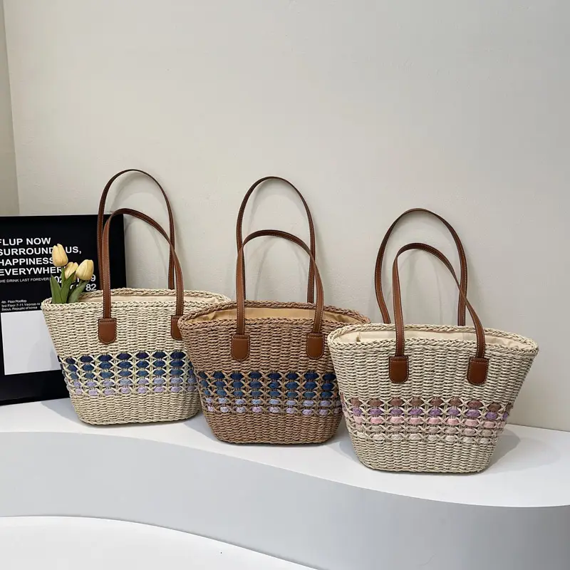 French Style Straw Bag with Embroidered Flowers