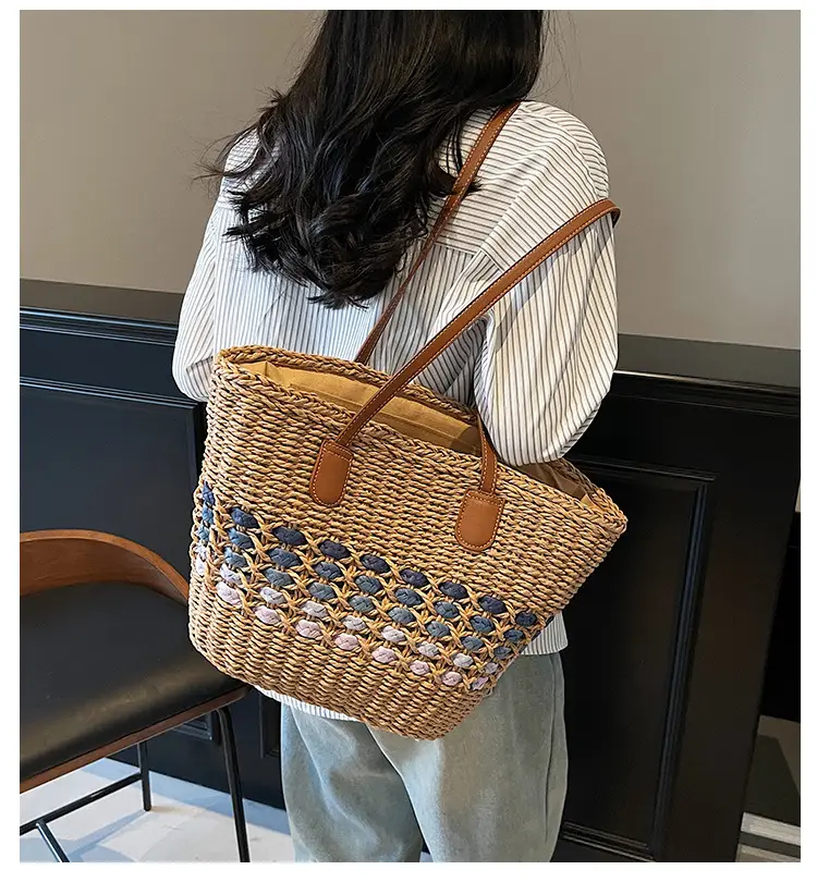 French Style Straw Bag with Embroidered Flowers — feature 1