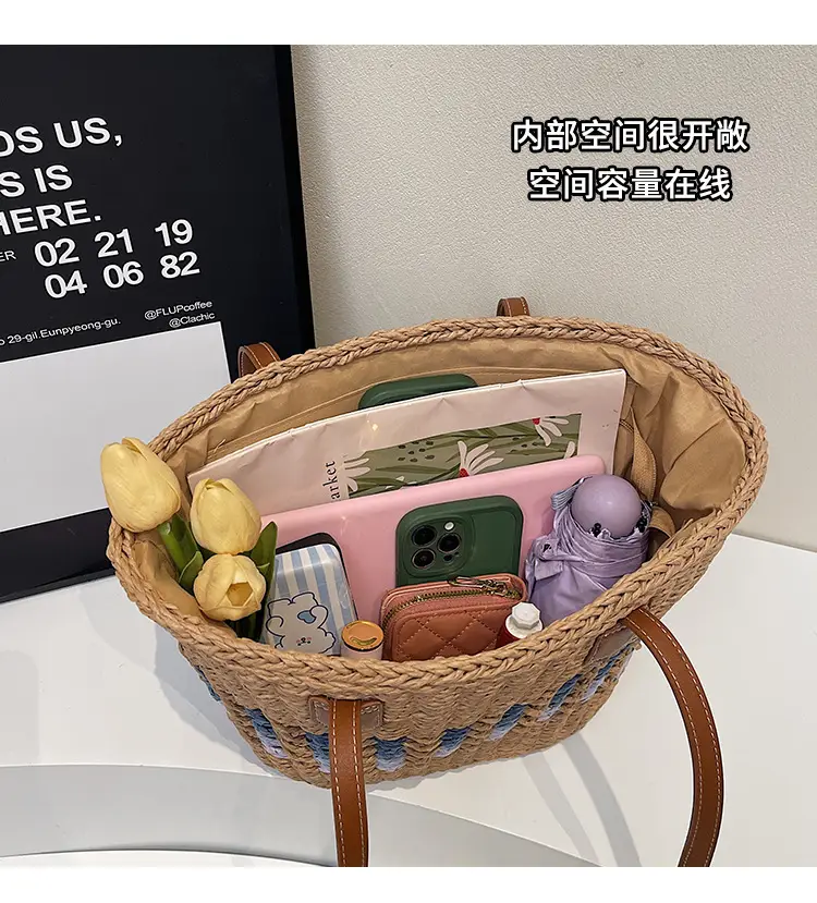 French Style Straw Bag with Embroidered Flowers — feature 7