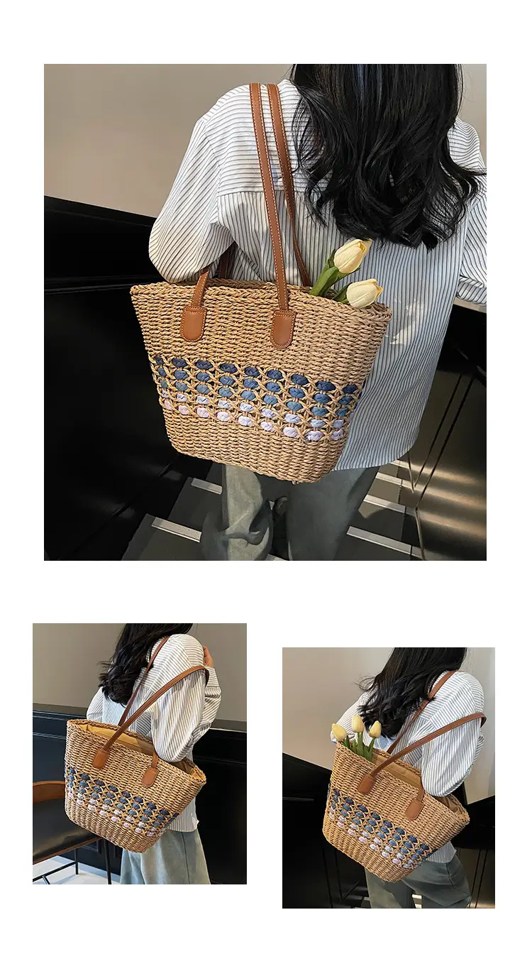 French Style Straw Bag with Embroidered Flowers — feature 9