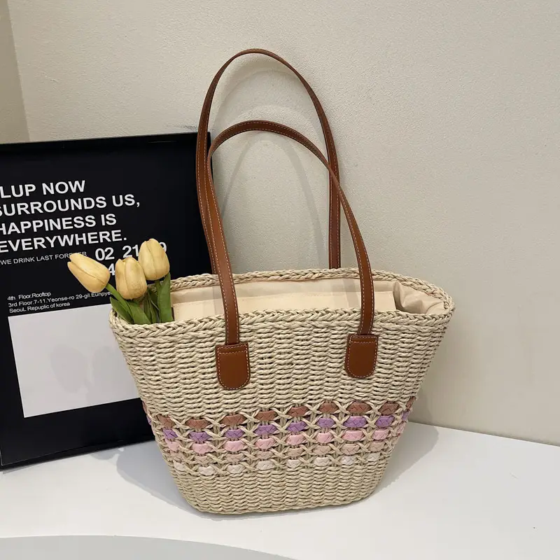 French Style Straw Bag with Embroidered Flowers