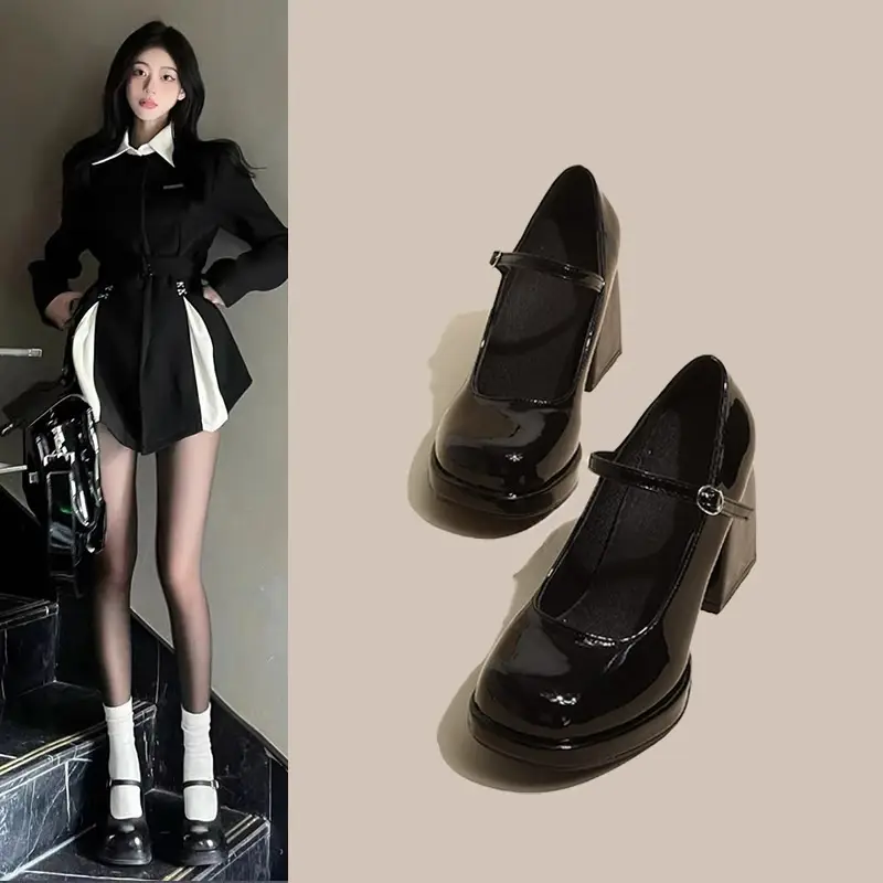 Women's Leather Shoes 2025 British Style Chunky Heel Thick-Soled Black Versatile Height-Increasing Mary Jane High Heels Mary Jane Single Shoes - Image 3