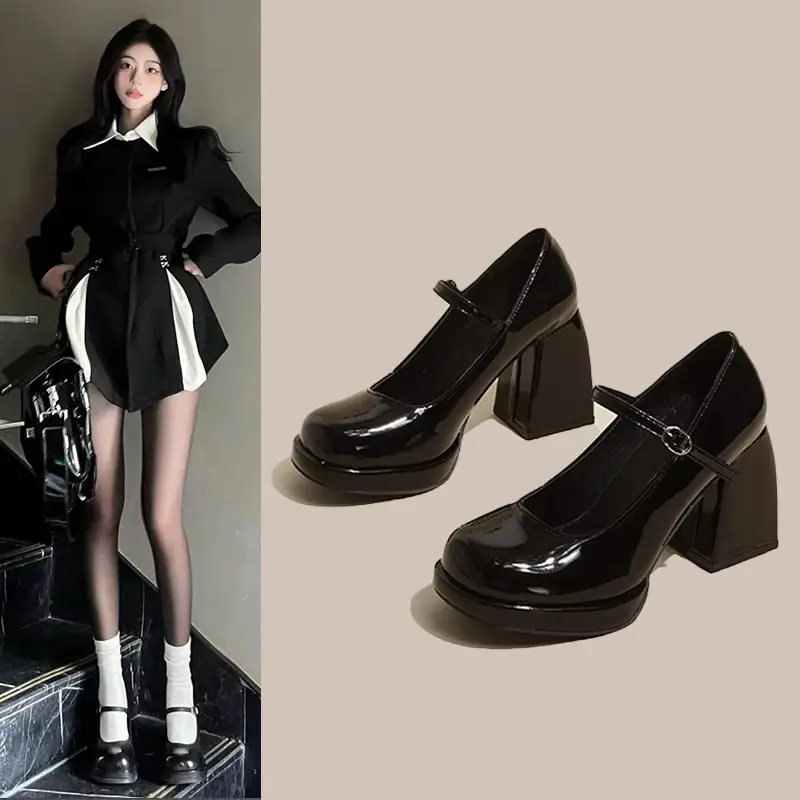 Women's Leather Shoes 2025 British Style Chunky Heel Thick-Soled Black Versatile Height-Increasing Mary Jane High Heels Mary Jane Single Shoes - Image 4