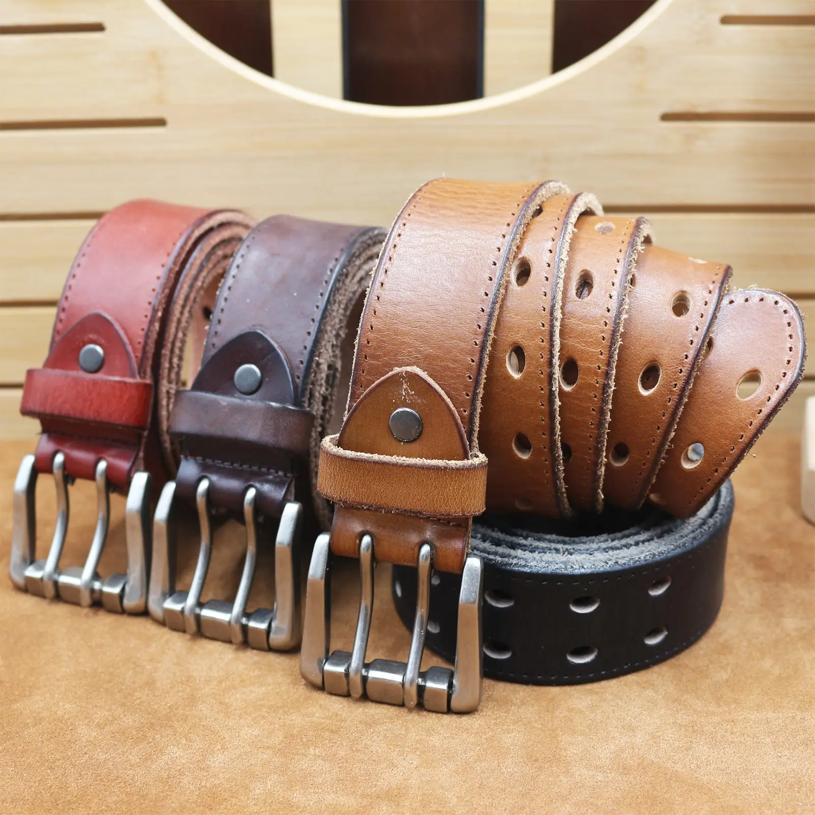 Men's Thick Cowhide Belt with Double Buckle - Image 6
