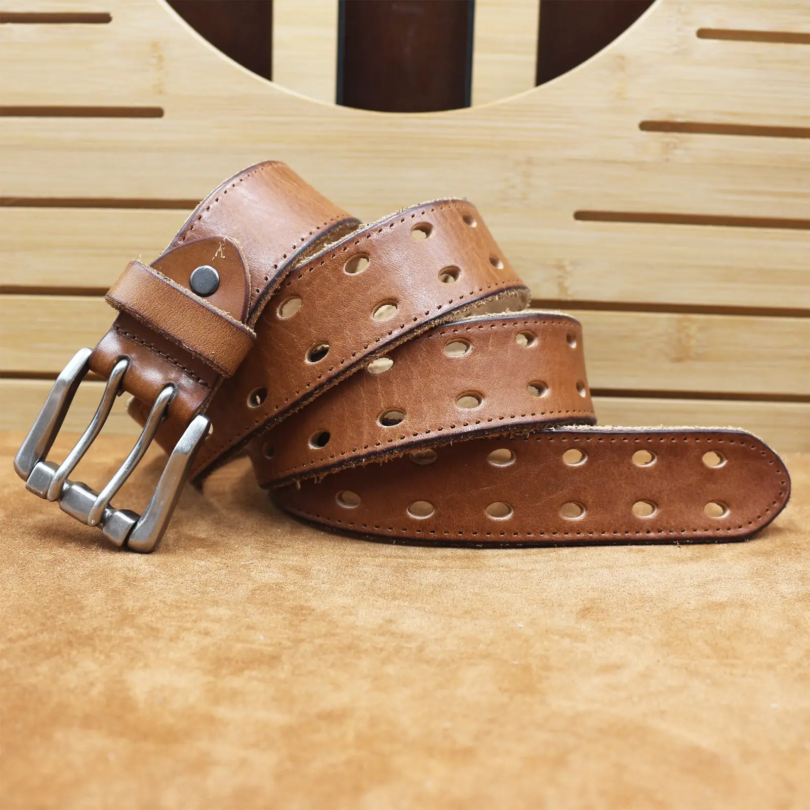 Men's Thick Cowhide Belt with Double Buckle - Image 9