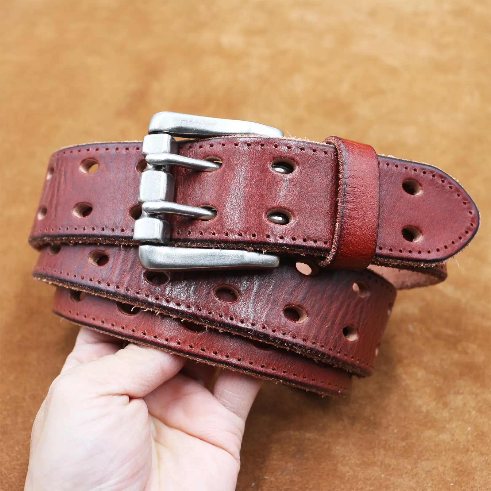 Men's Thick Cowhide Belt with Double Buckle — feature 9