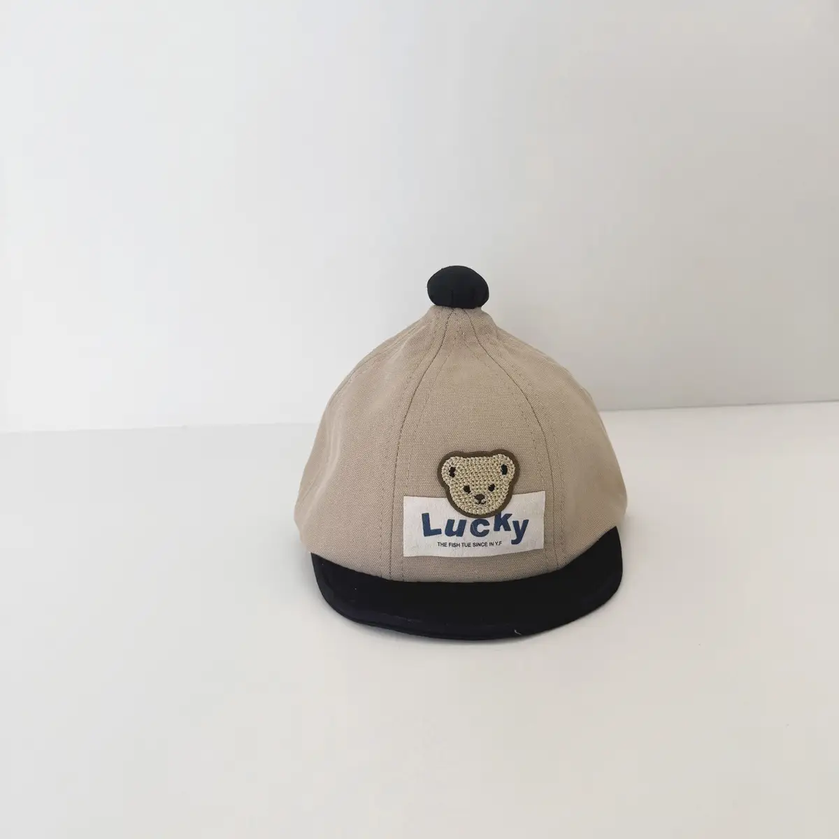 Cute Beige Baby Hat with Teddy Bear Embroidery - Image 2