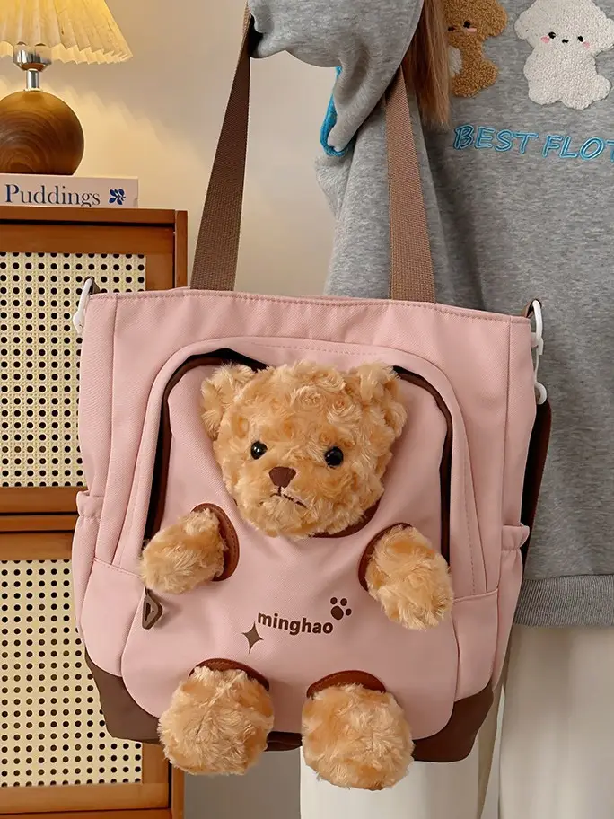 Pink Bear Canvas Shoulder Bag for Girls - Image 5