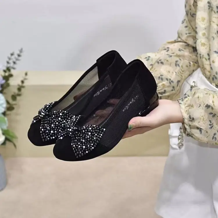 Mesh Shallow Mouth Bow Shoes Women's 2025 Summer New Round Toe Low Heel Soft Bottom Slip-on Women's Bean Shoes — feature 6