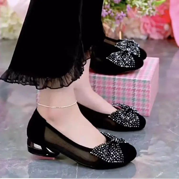 Mesh Shallow Mouth Bow Shoes Women's 2025 Summer New Round Toe Low Heel Soft Bottom Slip-on Women's Bean Shoes
