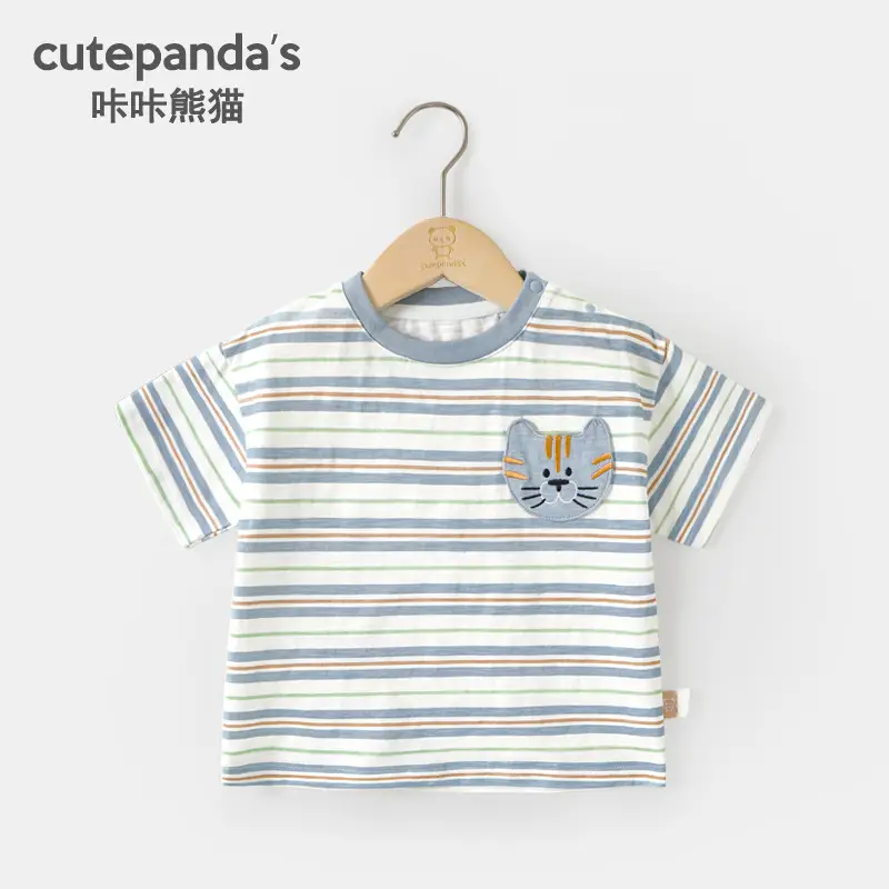 Kaka Panda Striped Cat Print Boys Girls T-Shirt