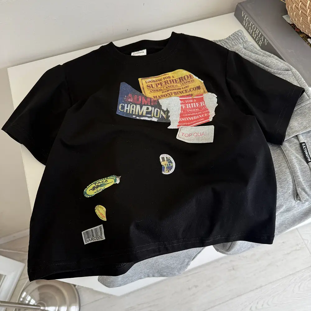 2025 Kids Korean T-Shirt Black Loose Sleeve Base — feature 2