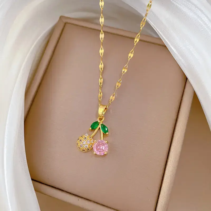 Titanium Chain Necklace with Cherry Pink Diamond Micro-Ins - Image 6